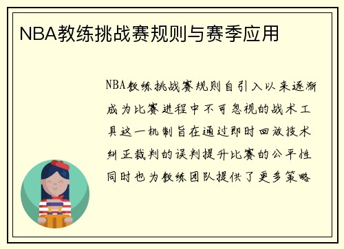 NBA教练挑战赛规则与赛季应用