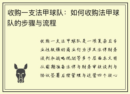 收购一支法甲球队：如何收购法甲球队的步骤与流程
